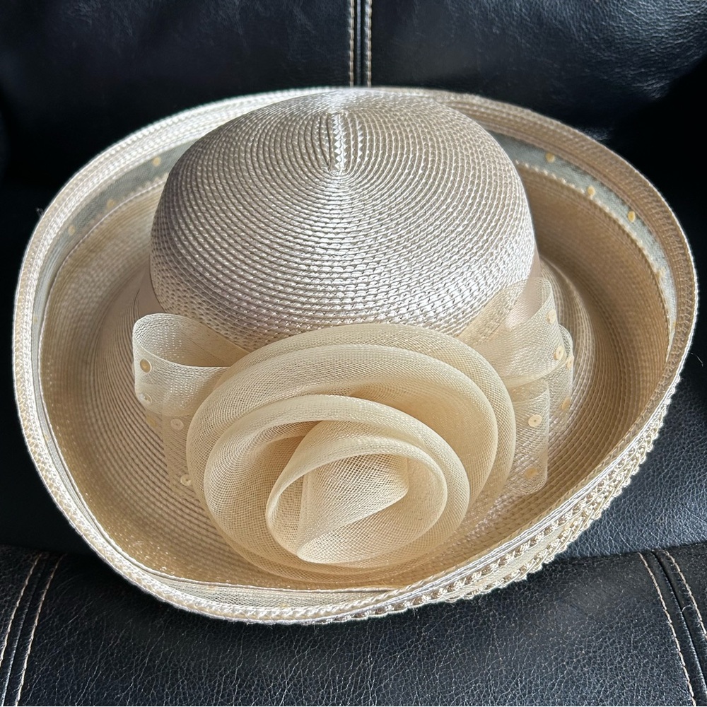 Deborah New York Champagne Woven Sequins Wide Brim Kentucky Derby/Church Hat
